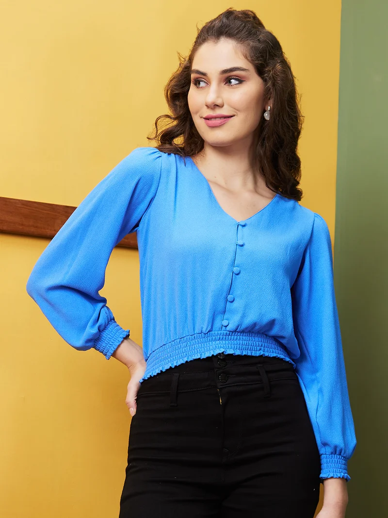 globus Women Blue V-Neck Bishop Sleeves Blouson Crop Top