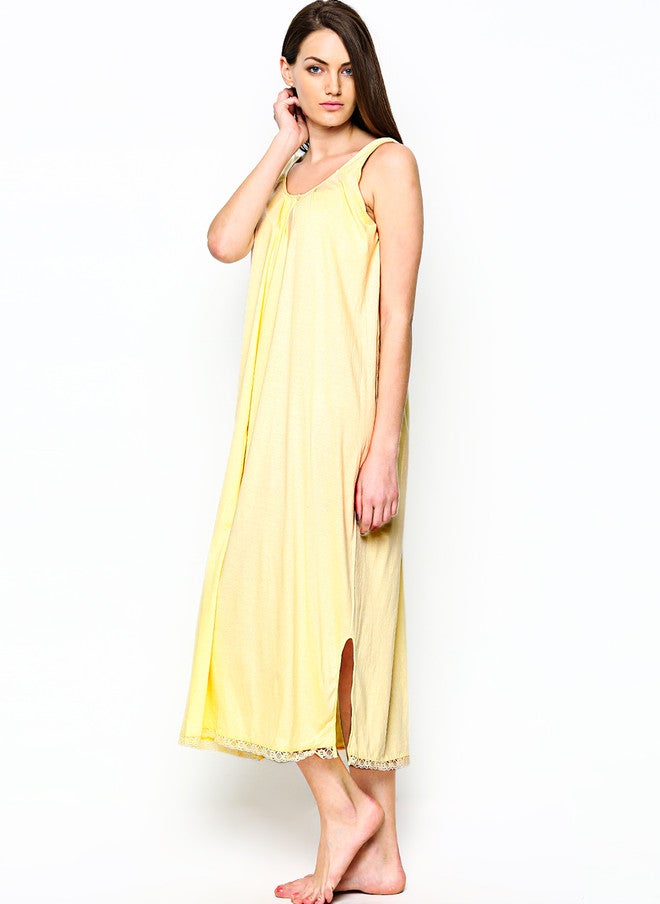Red Rose Yellow Maxi Nightdress SANDHYA - Pure Cotton Sleeveless Midi with Lace Trim - Image 2