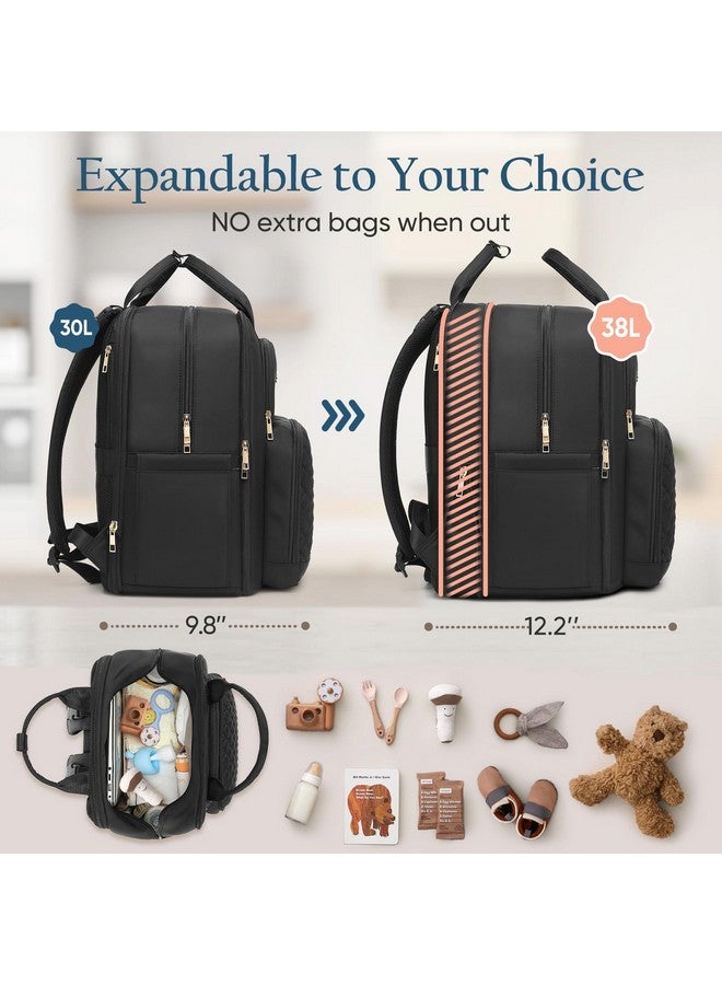 Qualyphant Diaper Bag Backpack - Extra Large Diaper Bag for 2 Kids Twins (Expandable 30-38L) - Travel Baby Backpack with Changing Pad for Mom Dad (Quilted, Water Resistant, Black) - Image 3