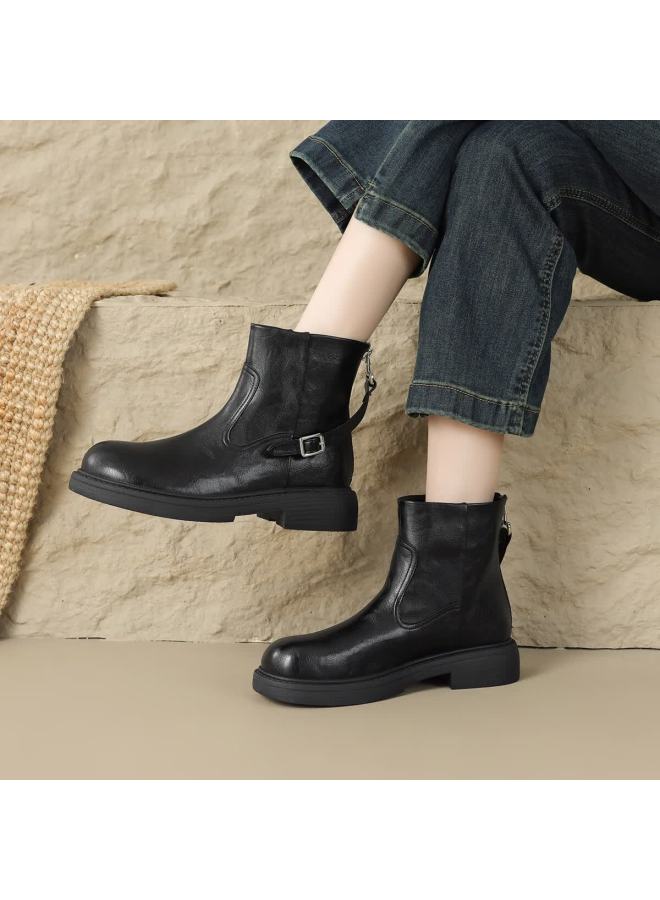 dme Demana Commuter Martin Autumn Winter Minimalist Solid Color Round Toe Zipper Belt Buckle Women's Ankle Boots - Image 2