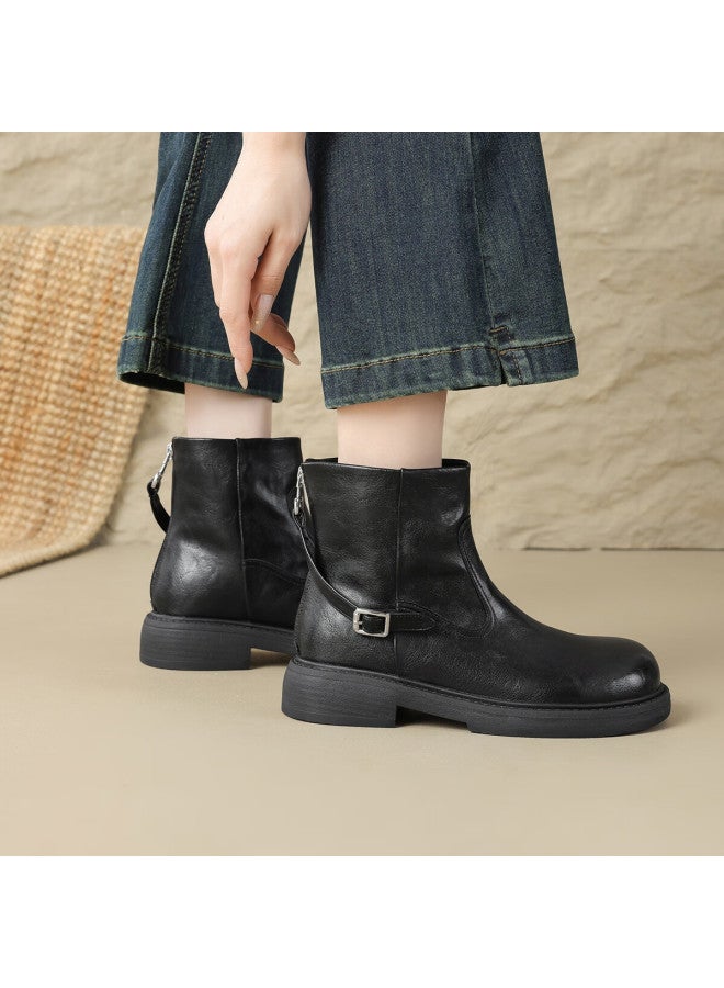 dme Demana Commuter Martin Autumn Winter Minimalist Solid Color Round Toe Zipper Belt Buckle Women's Ankle Boots - Image 3