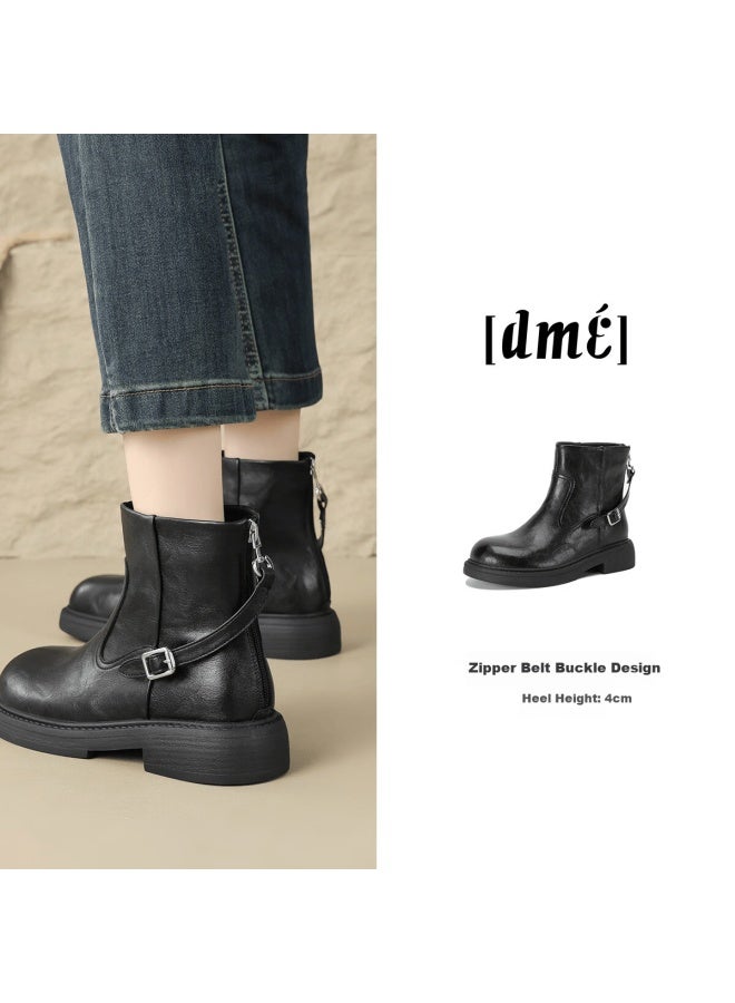 dme Demana Commuter Martin Autumn Winter Minimalist Solid Color Round Toe Zipper Belt Buckle Women's Ankle Boots - Image 5