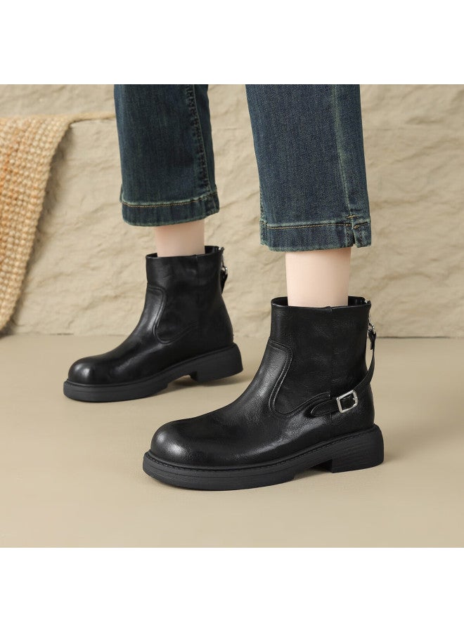 dme Demana Commuter Martin Autumn Winter Minimalist Solid Color Round Toe Zipper Belt Buckle Women's Ankle Boots - Image 1