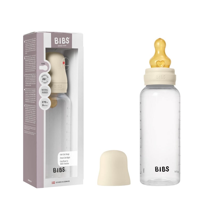 BIBS Baby Bottle 9 oz  270 ml Natural Rubber Latex Nipple  AntiColic BPAFree Round Nipple Medium Flow Lightweight  Easy to Clean Suitable for Newborns 0 Years  Ivory - Image 1