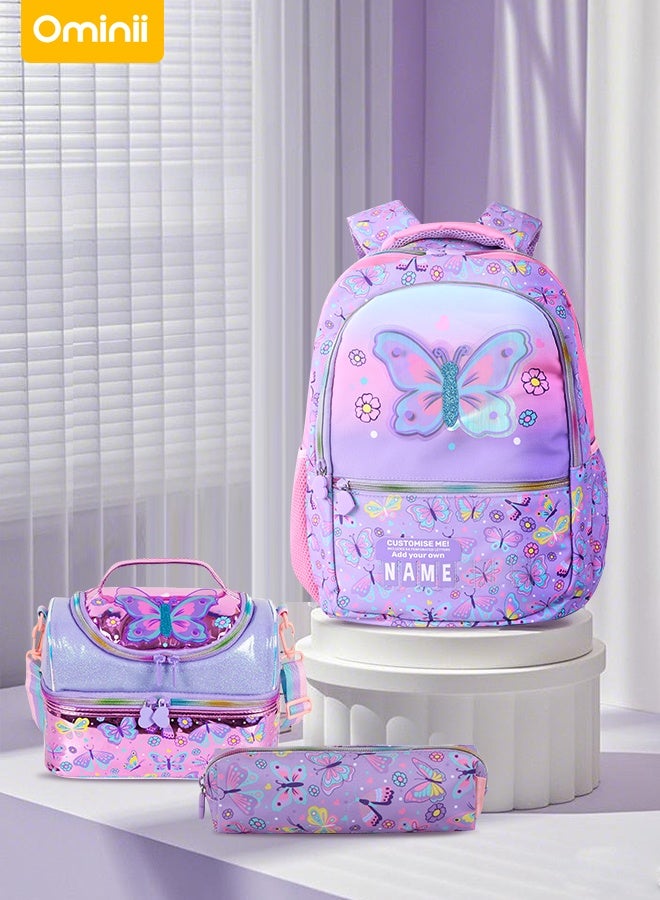 Ominii 3PCS Butterfly Backpack Set for Girls – Includes School Bag, Insulated Lunch Bag & Pencil Case, Dreamy Purple-Pink Design for Ages 3–10, Breathable & Spacious  - Image 1