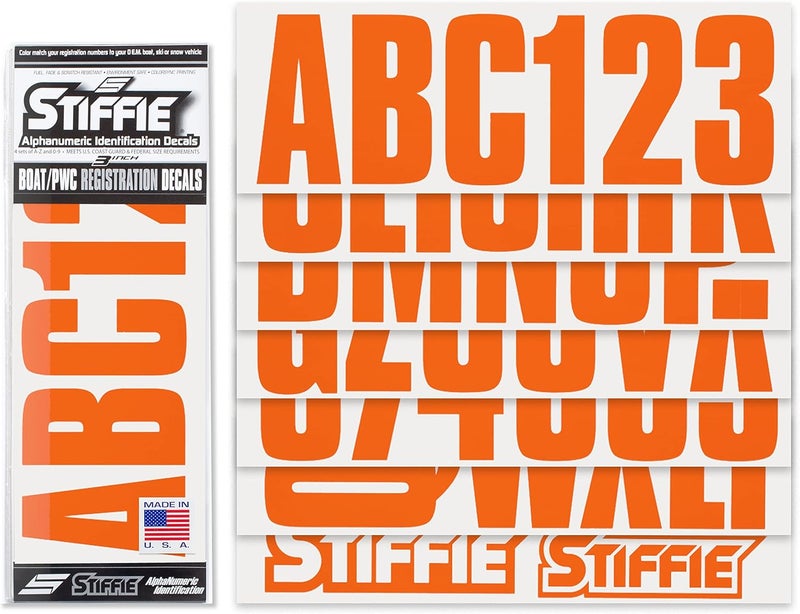 Stiffie ملصقات وأرقام تعريف تسجيل أبجدية رقمية مقاس 3 بوصات من Stiffie Uniline باللون البرتقالي للقوارب والمركبات المائية الشخصية - Image 2