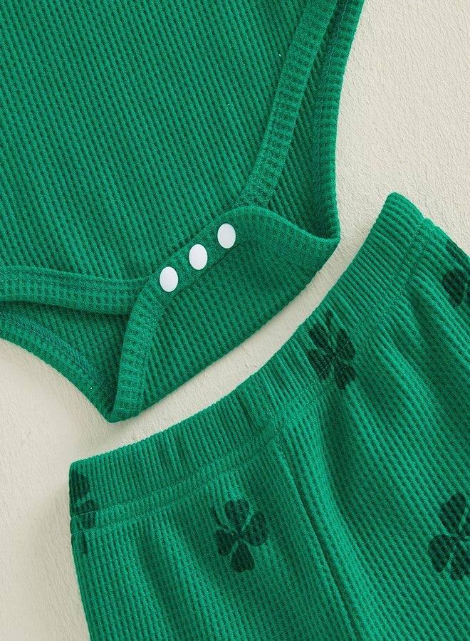 Socutebabe طقم ملابس Socutebabe لطفلتي في أول عيد القديس باتريك، جمبسوت بأكمام طويلة مزين بنقشة نبات البرسيم، بنطلون واسع من الأسفل، ملابس ربيعية لعيد القديس باتريك (أخضر، 6-12 شهرًا) - Image 5