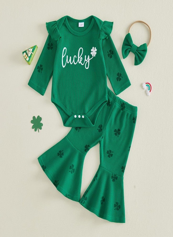Socutebabe طقم ملابس Socutebabe لطفلتي في أول عيد القديس باتريك، جمبسوت بأكمام طويلة مزين بنقشة نبات البرسيم، بنطلون واسع من الأسفل، ملابس ربيعية لعيد القديس باتريك (أخضر، 6-12 شهرًا) - Image 3