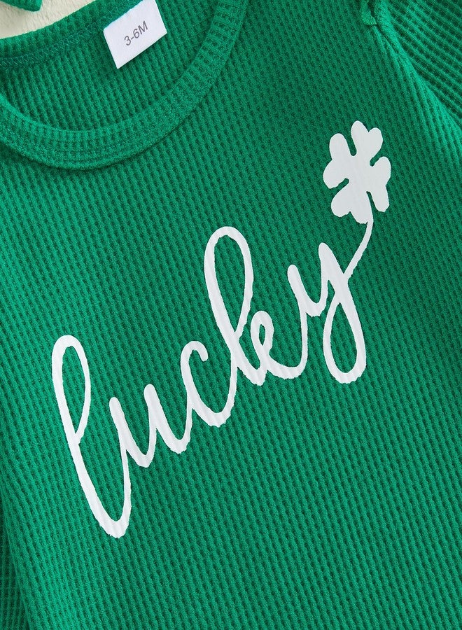 Socutebabe طقم ملابس Socutebabe لطفلتي في أول عيد القديس باتريك، جمبسوت بأكمام طويلة مزين بنقشة نبات البرسيم، بنطلون واسع من الأسفل، ملابس ربيعية لعيد القديس باتريك (أخضر، 6-12 شهرًا) - Image 4