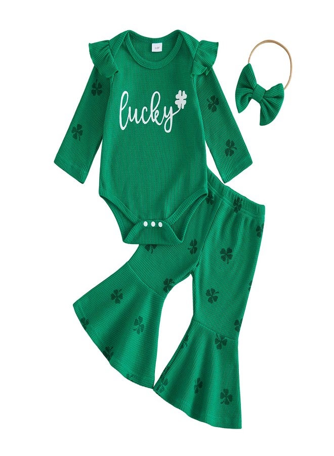 Socutebabe طقم ملابس Socutebabe لطفلتي في أول عيد القديس باتريك، جمبسوت بأكمام طويلة مزين بنقشة نبات البرسيم، بنطلون واسع من الأسفل، ملابس ربيعية لعيد القديس باتريك (أخضر، 6-12 شهرًا) - Image 1