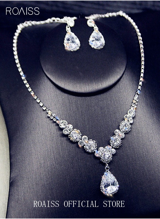 roaiss 3Pcs Crystal Rhinestone Jewelry Set Stylish Elegant Water-drop Pendant Necklace Zircon Earrings Minimalist Gift for Women Ladies Mother Wife Wedding Party Sliver  - Image 2