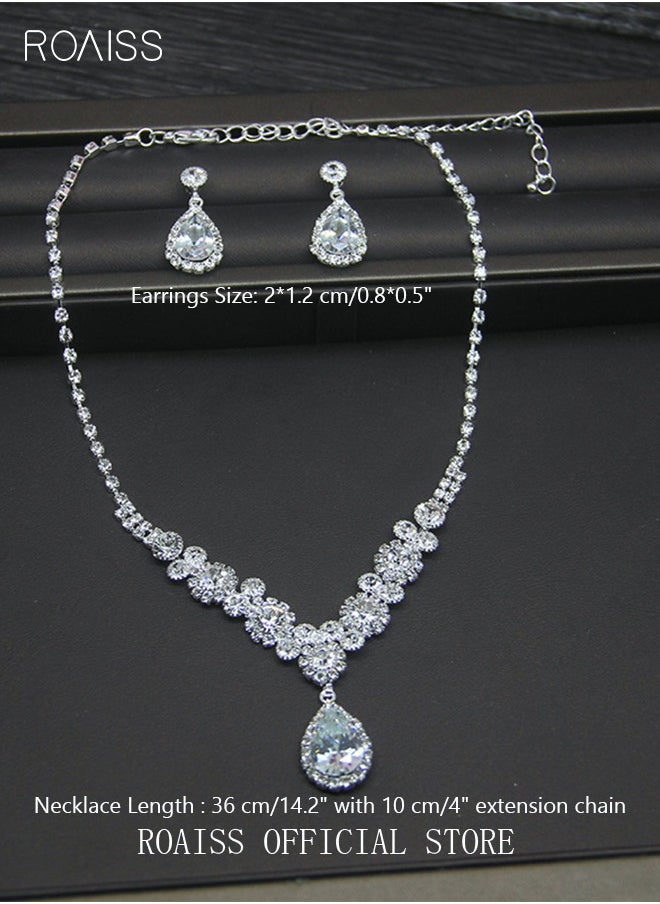 roaiss 3Pcs Crystal Rhinestone Jewelry Set Stylish Elegant Water-drop Pendant Necklace Zircon Earrings Minimalist Gift for Women Ladies Mother Wife Wedding Party Sliver  - Image 5