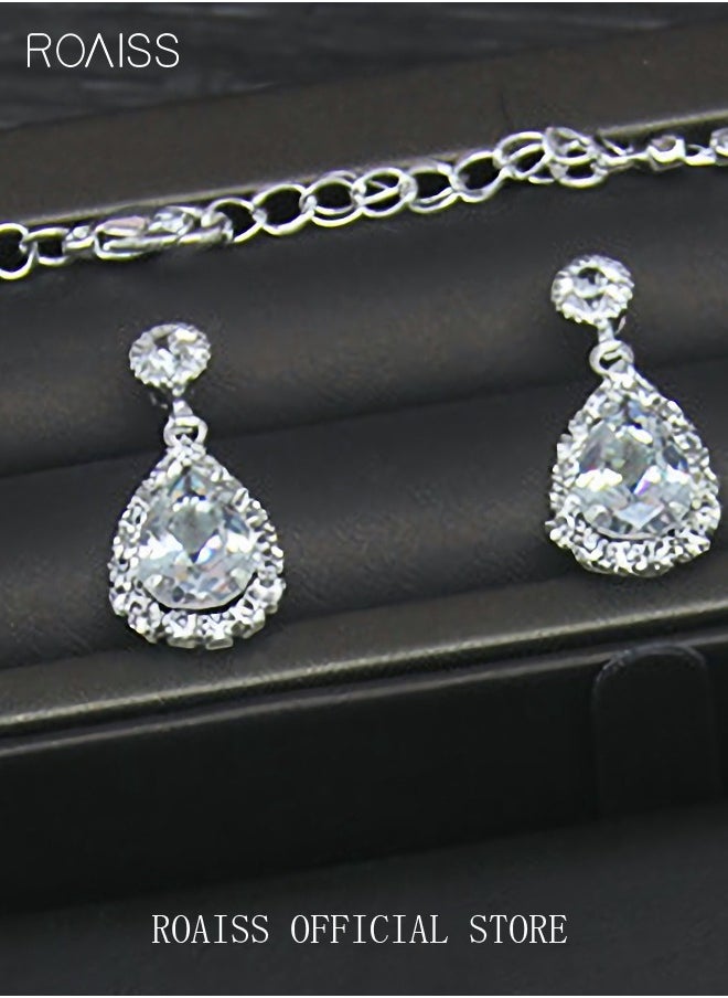roaiss 3Pcs Crystal Rhinestone Jewelry Set Stylish Elegant Water-drop Pendant Necklace Zircon Earrings Minimalist Gift for Women Ladies Mother Wife Wedding Party Sliver  - Image 4