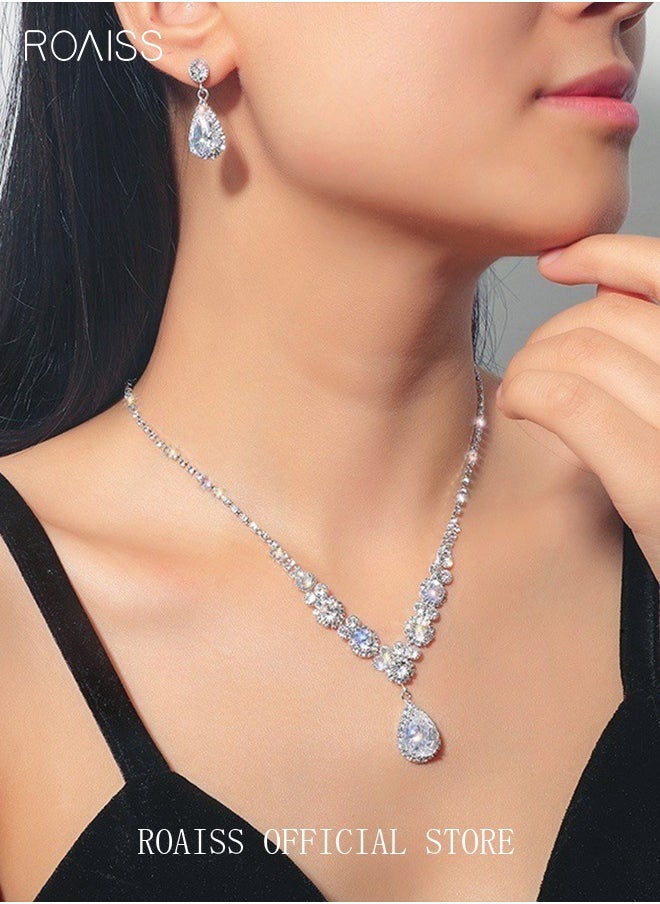 roaiss 3Pcs Crystal Rhinestone Jewelry Set Stylish Elegant Water-drop Pendant Necklace Zircon Earrings Minimalist Gift for Women Ladies Mother Wife Wedding Party Sliver  - Image 1