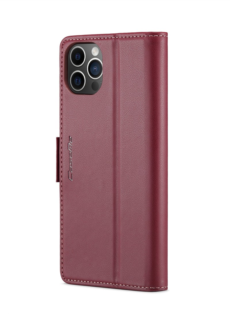 CaseMe Flip Wallet Case For iPhone 12 Pro MAX RFID Blocking PU Leather Wallet Flip Folio Case with Card Holder Kickstand Shockproof Phone Cover - Red - Image 3