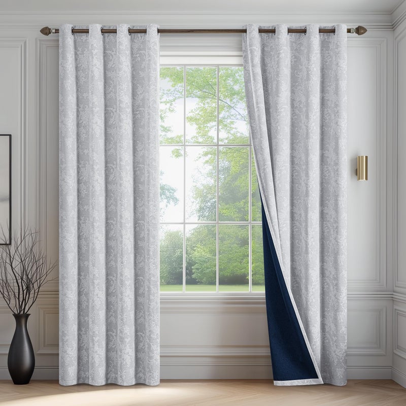 FMFUNCTEX Grey Floral Jacquard Blackout Curtains 84 Inches Long for Bedroom, Scroll Flower Chenille Farmhouse Curtains for Living Room Darkening Thermal Insulated Grommet Window Drapes 2 Panels - Image 2