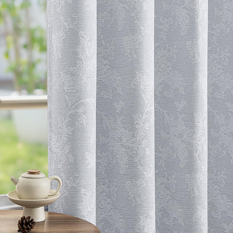 FMFUNCTEX Grey Floral Jacquard Blackout Curtains 84 Inches Long for Bedroom, Scroll Flower Chenille Farmhouse Curtains for Living Room Darkening Thermal Insulated Grommet Window Drapes 2 Panels - Image 1