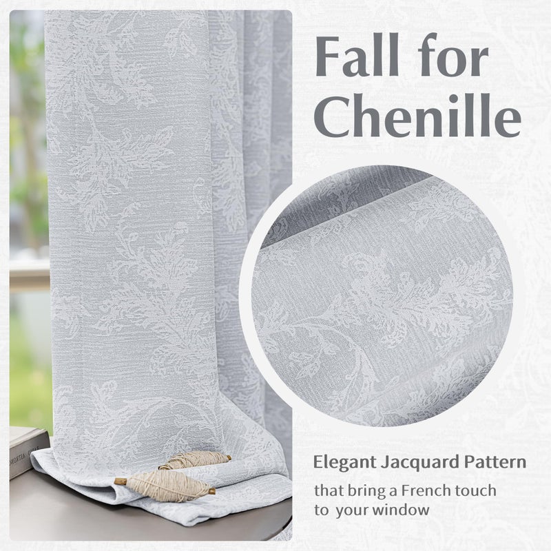 FMFUNCTEX Grey Floral Jacquard Blackout Curtains 84 Inches Long for Bedroom, Scroll Flower Chenille Farmhouse Curtains for Living Room Darkening Thermal Insulated Grommet Window Drapes 2 Panels - Image 5