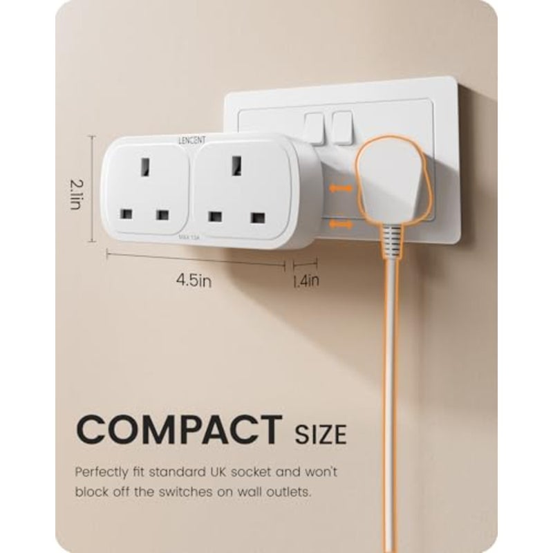 Kitchen, home, office, school double plug adapter with 3 USB 1 USB-C,2-way multi plug extension socket adaptor in white ABS plastic, 13A 3250W high-power capacity - Image 5