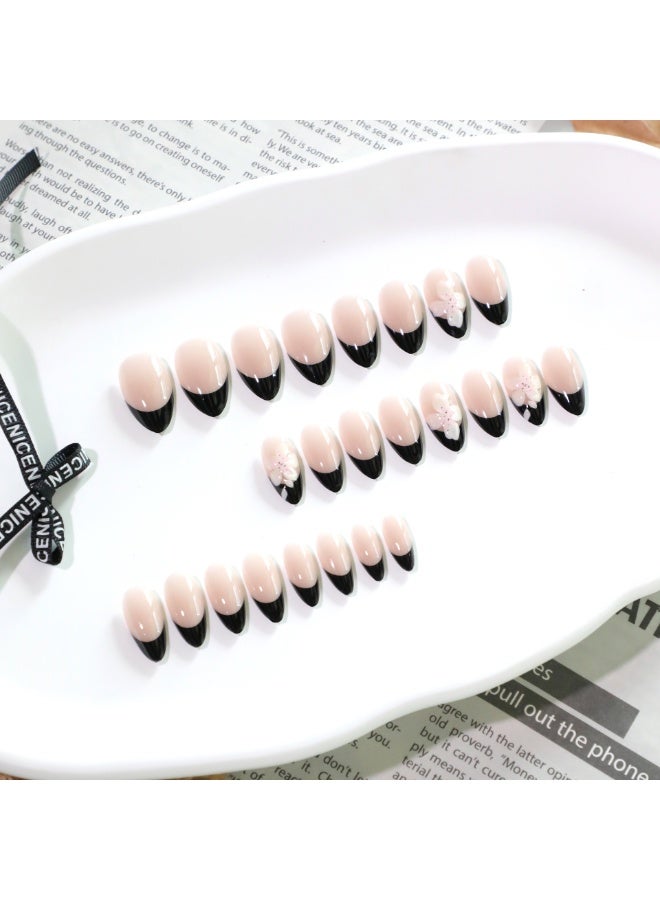 24 pieces French black wearable nails, versatile style, removable, do not damage nails, suitable for girls' finished nails - Image 1
