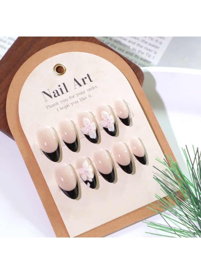 24 pieces French black wearable nails, versatile style, removable, do not damage nails, suitable for girls' finished nails - Image 3