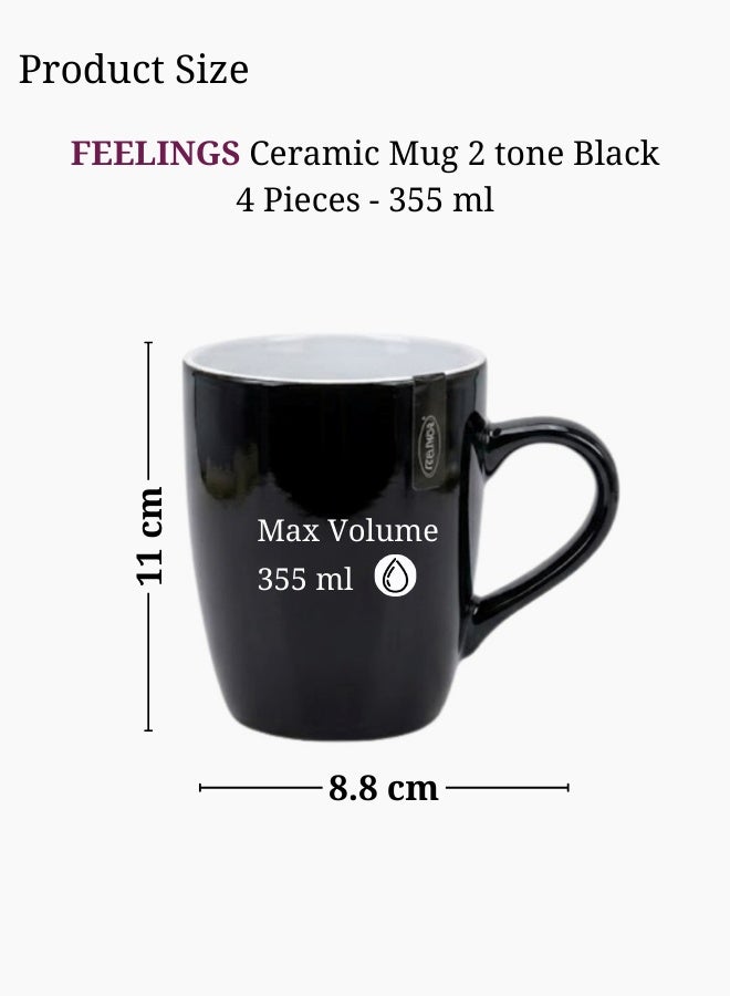 Feelings Ceramic Mug Set of 4 - Black Color 2 tone, 355ml | Elegant Ceramic Coffee Mugs | Microwave & Dishwasher Safe - Image 3
