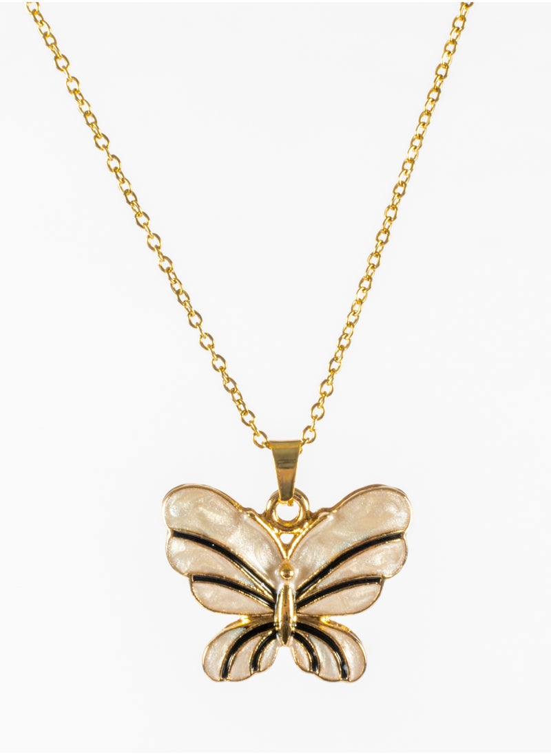 The Black Pearl Accessories - Stainless Steel Neckalce Gold with a White Butterfly Pendant - Image 1