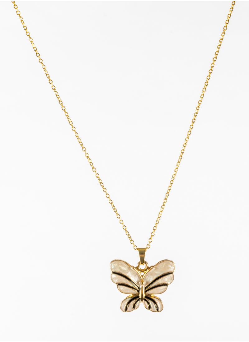 The Black Pearl Accessories - Stainless Steel Neckalce Gold with a White Butterfly Pendant - Image 1