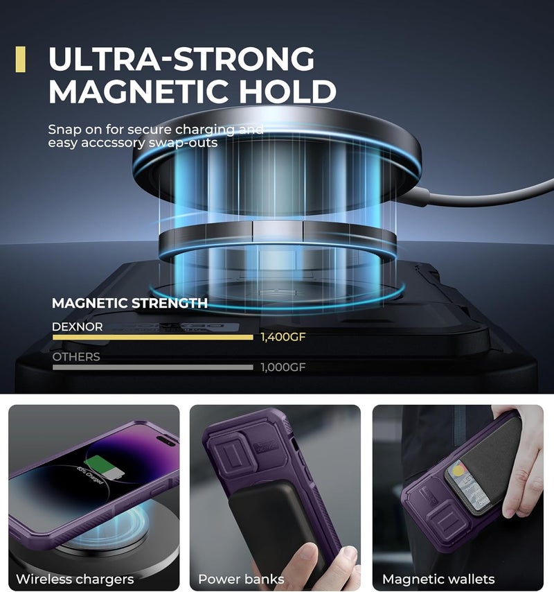 ديكسنور حافظة Dexnor لجهاز iPhone 14 Pro Max مع غطاء كاميرا منزلق وحامل قابل للتعديل وواقي شاشة مدمج، حافظة مغناطيسية متينة مضادة للصدمات مع غطاء مغناطيسي ثقيل، أرجواني شبح يمنع تلف النقل - Image 3