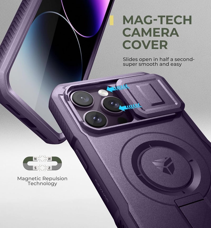 ديكسنور حافظة Dexnor لجهاز iPhone 14 Pro Max مع غطاء كاميرا منزلق وحامل قابل للتعديل وواقي شاشة مدمج، حافظة مغناطيسية متينة مضادة للصدمات مع غطاء مغناطيسي ثقيل، أرجواني شبح يمنع تلف النقل - Image 4