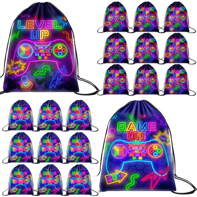 Eccliy 20 Pcs Video Game Party Favor Bags Gamer Birthday Party Drawstring Bags for Kids Boys Girls 12 x 10 Inch Gaming Goodie Treat for Game on Theme Decorations SuppliesNeonClassic Style - Image 3