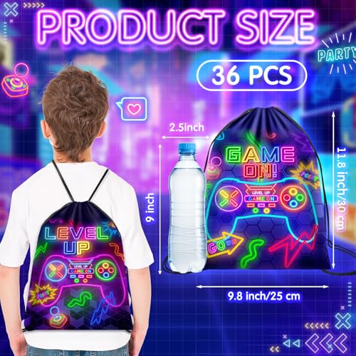 Eccliy 20 Pcs Video Game Party Favor Bags Gamer Birthday Party Drawstring Bags for Kids Boys Girls 12 x 10 Inch Gaming Goodie Treat for Game on Theme Decorations SuppliesNeonClassic Style - Image 5