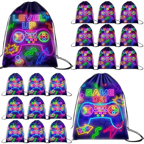 Eccliy 20 Pcs Video Game Party Favor Bags Gamer Birthday Party Drawstring Bags for Kids Boys Girls 12 x 10 Inch Gaming Goodie Treat for Game on Theme Decorations SuppliesNeonClassic Style - Image 1