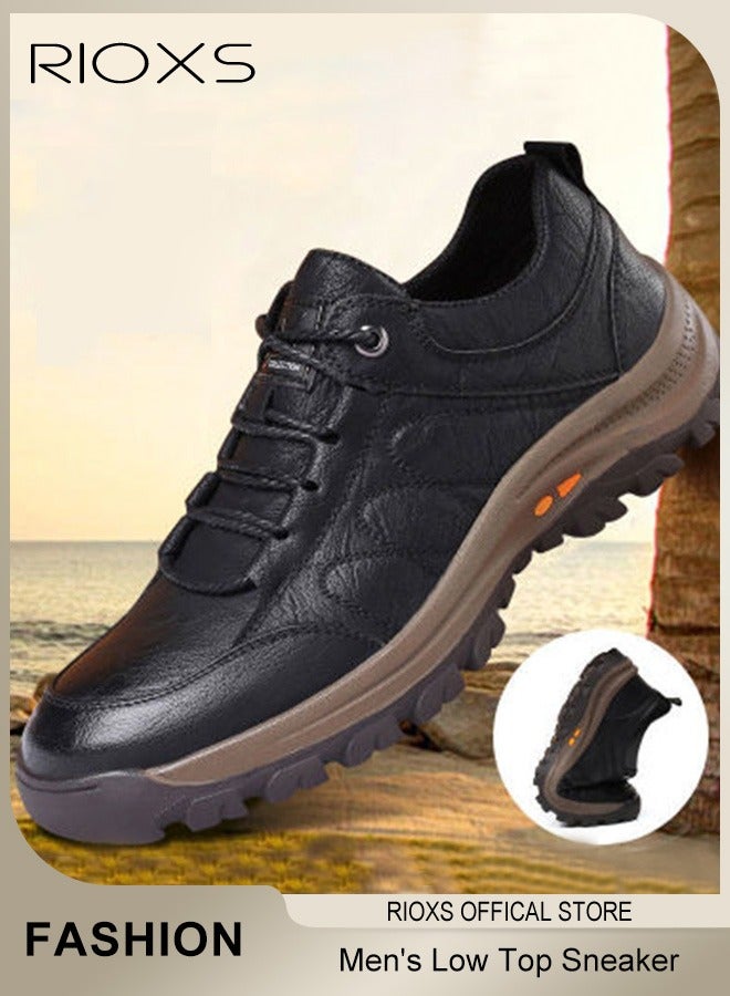 RIOXS Men's Low Top Sneaker,Athletic Casual Hiking Shoes For Men,Lightweight Outdoor Sport Shoes,Anti-Slip Lace-Up Sneakers,Vintage Classical PU Leather Shoes,For Business Work Office Driving,Travel Walking Shoe  - Image 2