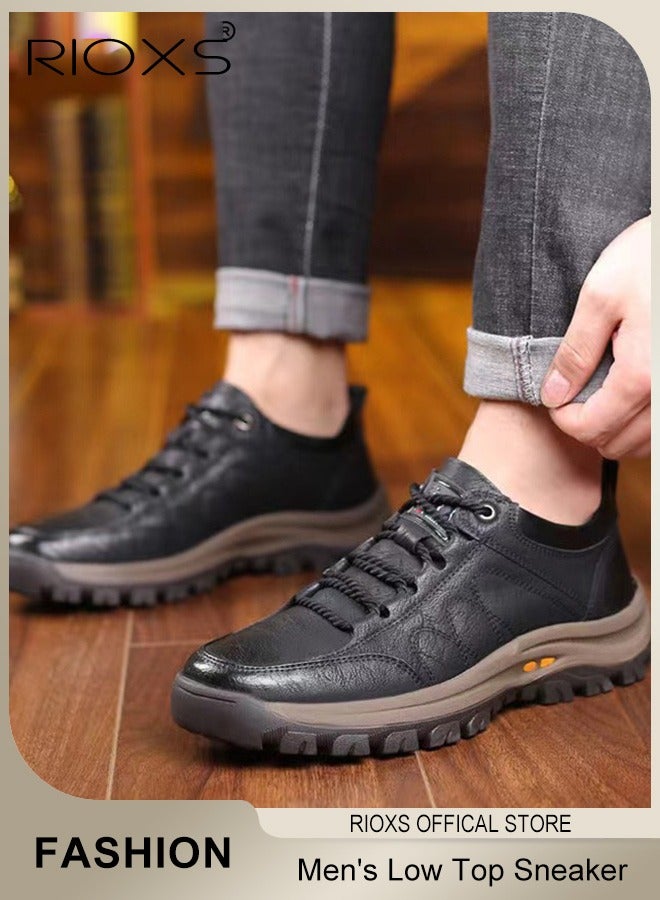 RIOXS Men's Low Top Sneaker,Athletic Casual Hiking Shoes For Men,Lightweight Outdoor Sport Shoes,Anti-Slip Lace-Up Sneakers,Vintage Classical PU Leather Shoes,For Business Work Office Driving,Travel Walking Shoe  - Image 1