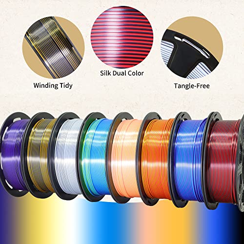 mkoem 8 Spools Dual Color Silk PLA 3D Printer Filament Bundle, Silk White/Black, Red/Black, GoldBlack, PurpleBlack, Purple/Blue, Red/Gold, Green/Blue, Yellow/Pink, 1.75mm Bicolor Silk PLA 250gX8 - Image 3