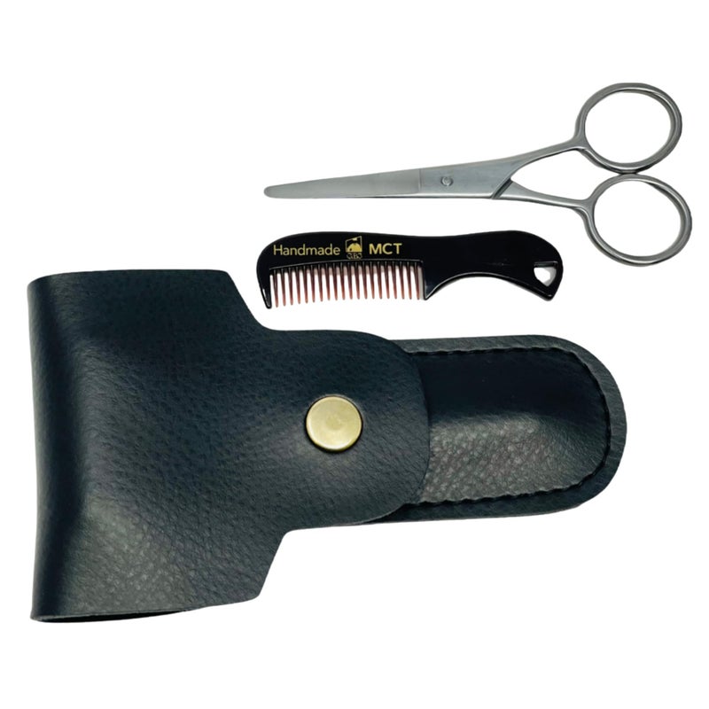 GBS Mens 3n1 Trimming Cutting and Styling Beard Scissors Stainlesssteel Scissors for Beard Mustache Eyebrow Nose Hair Leather Travel Case and Beard and Mustache Comb