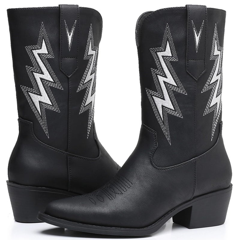 GLOBALWIN Women's Black Cowboy Boots Western Embroidered Mid Calf Cowgirl Boots For Women Chunky Low Heel 9M - Image 2