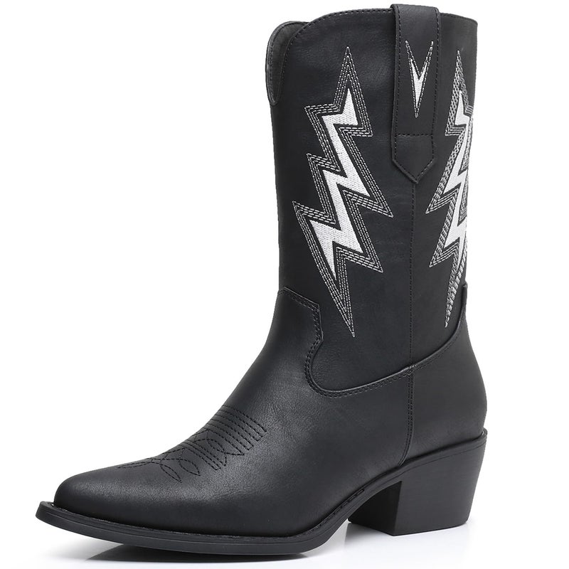 GLOBALWIN Women's Black Cowboy Boots Western Embroidered Mid Calf Cowgirl Boots For Women Chunky Low Heel 9M - Image 1