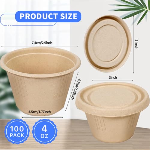 Vyndicca 100 Pack Natural Bagasse Fiber Bowls with Lids, 4 oz Condiment Cup, Compostable Portion Cups, Bagasse Fiber Souffle Cup, Small Sample Cups for Snack Salad Dressing Ketchup - Image 2