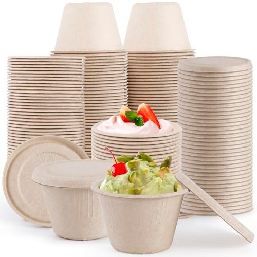 Vyndicca 100 Pack Natural Bagasse Fiber Bowls with Lids, 4 oz Condiment Cup, Compostable Portion Cups, Bagasse Fiber Souffle Cup, Small Sample Cups for Snack Salad Dressing Ketchup - Image 1