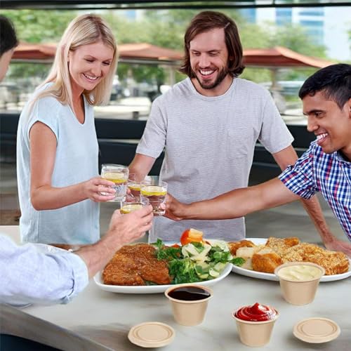 Vyndicca 100 Pack Natural Bagasse Fiber Bowls with Lids, 4 oz Condiment Cup, Compostable Portion Cups, Bagasse Fiber Souffle Cup, Small Sample Cups for Snack Salad Dressing Ketchup - Image 5