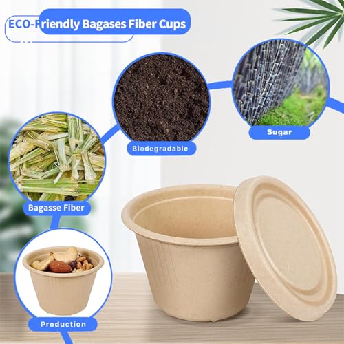 Vyndicca 100 Pack Natural Bagasse Fiber Bowls with Lids, 4 oz Condiment Cup, Compostable Portion Cups, Bagasse Fiber Souffle Cup, Small Sample Cups for Snack Salad Dressing Ketchup - Image 3