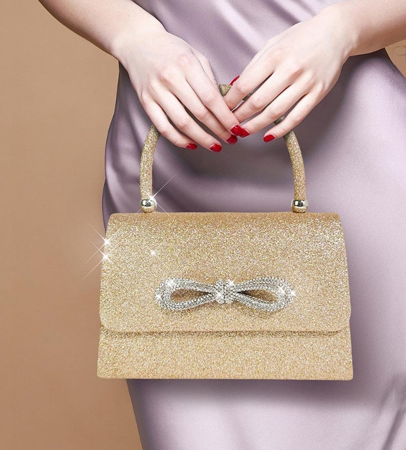Trisapu Womens Evening Bag Sparkly Bow Clutch Purse Wedding Party Purses Glitter Rhinestone Cocktail Prom Handbags Gold - Image 2