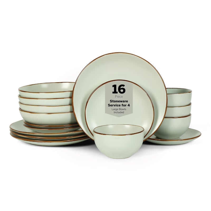 Stone Lain Stoneware Service for 4 Light Green Plates and Bowls Sets Dinnerware Set with 4 Dinner   4 Salad Plates 4 Pasta   4 Round Bowls Dishwasher  Microwave Safe 16Piece