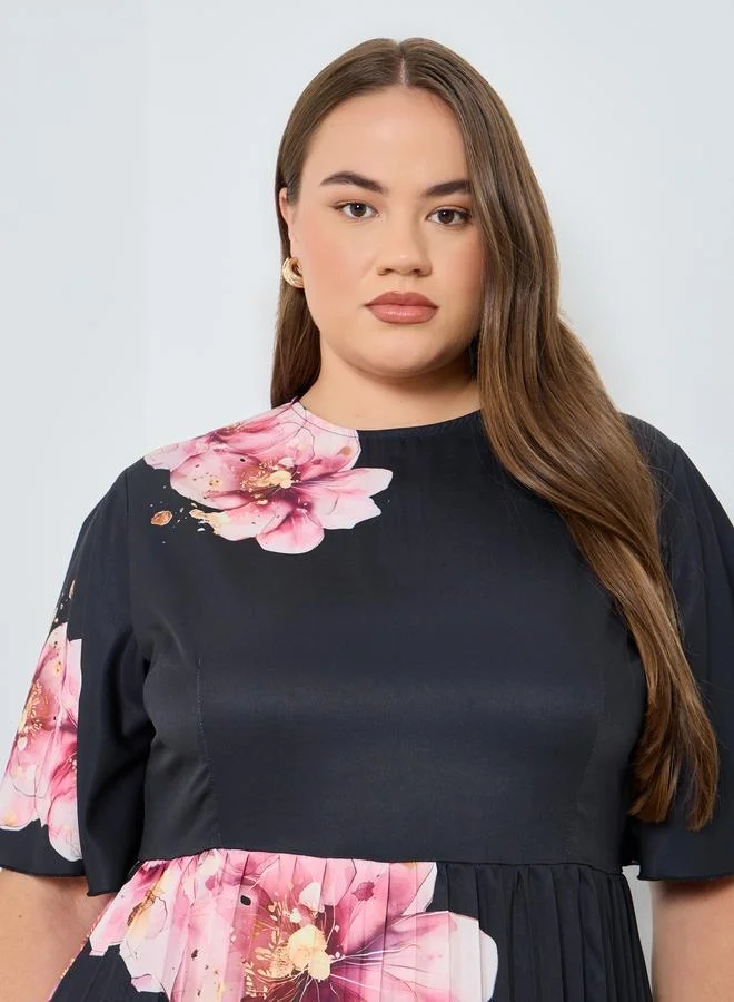 Styli Styli Plus Size Black Floral Midi Dress