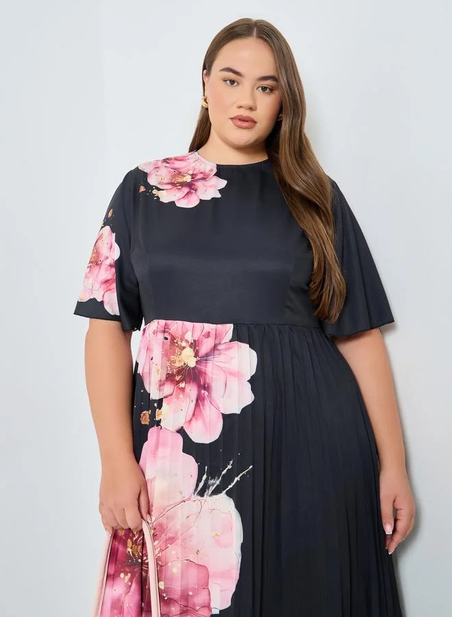 Styli Styli Plus Size Black Floral Midi Dress