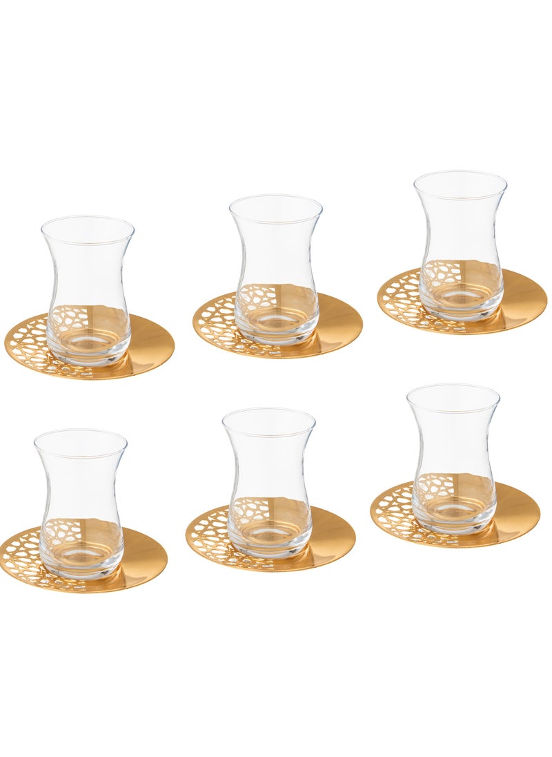 Dania - A tea set consisting of 6 tea cups and 6 saucers, metal, golden color, with an engraving on the saucer, a beautiful and elegant design. - Image 1
