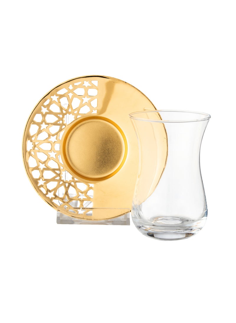Dania - A tea set consisting of 6 tea cups and 6 saucers, metal, golden color, with an engraving on the saucer, a beautiful and elegant design. - Image 1