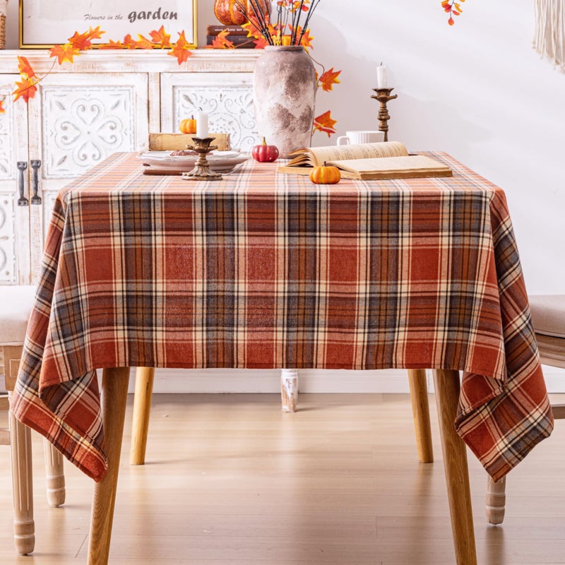 AQOTHES Plaid Fall Tablecloth Thanksgiving Rectangle 60x84 Inch, Rust Orange Table Cloths Autumn Decorations, Polyester Fabric Table Cover for Harvest Party Dining Farmhouse Kitchen Decor - Image 1